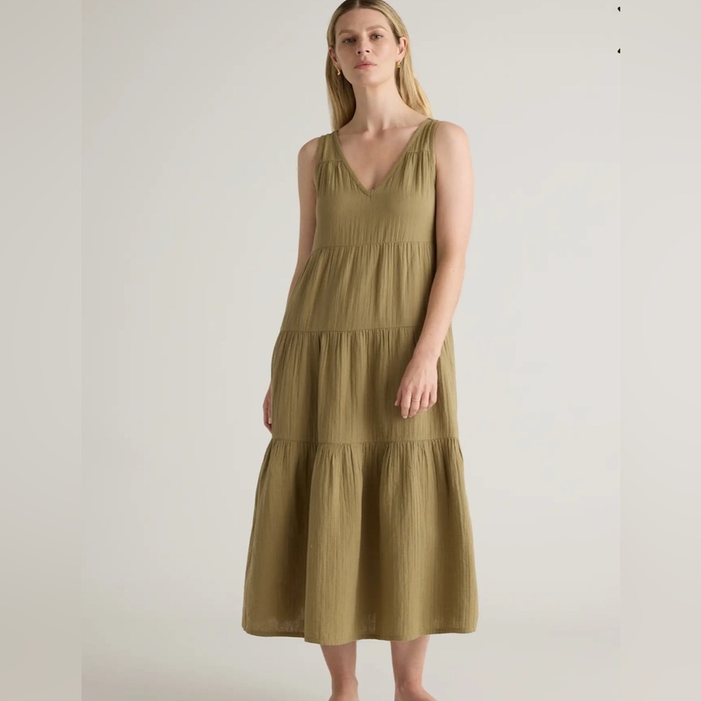 Quince 100% Organic Cotton Gauze Tiered Maxi Dress Artichoke